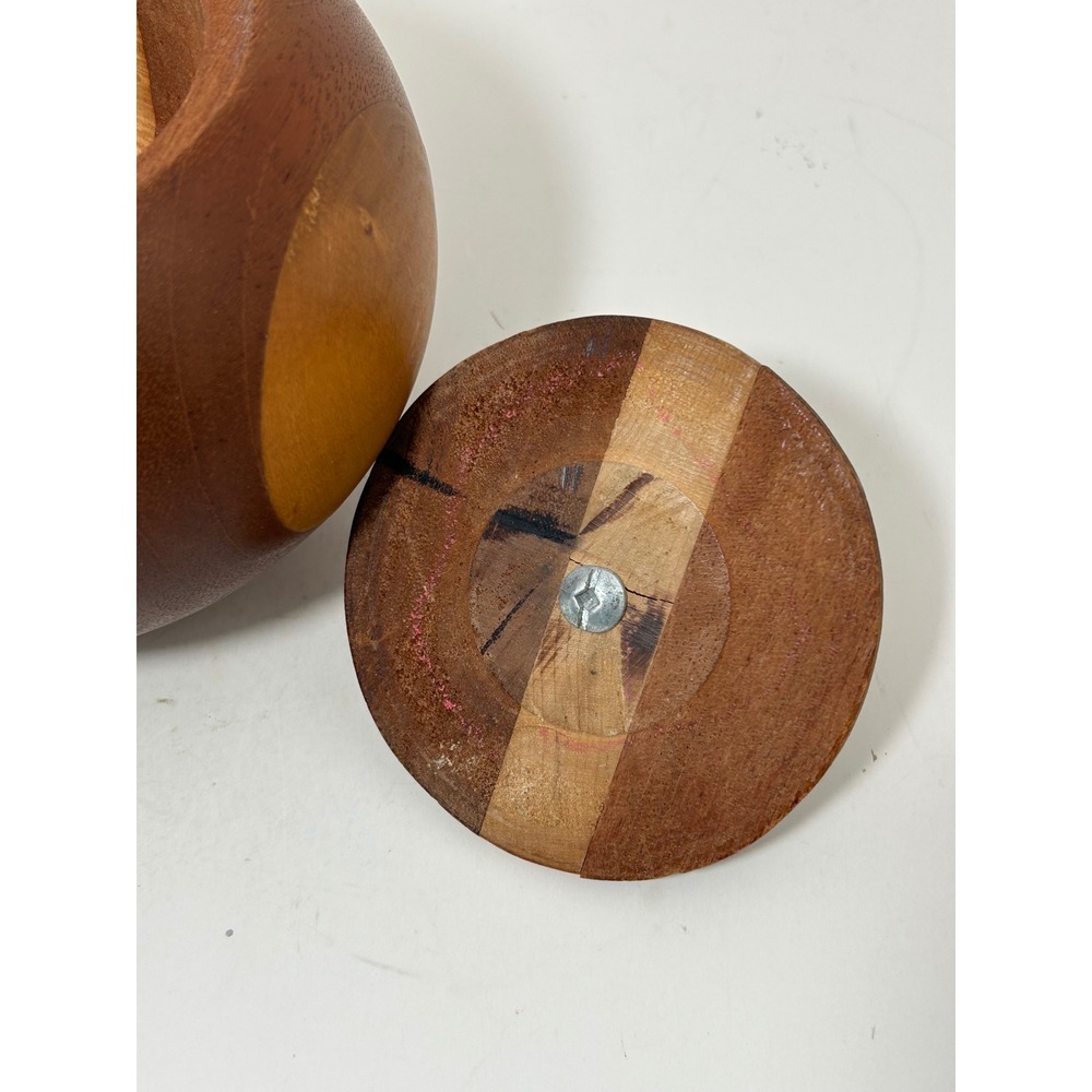 Vintage MCM Hand Turned Mixed Wood Inlay Apple Jar with Lid Brown Striped - Picture 7 of 8